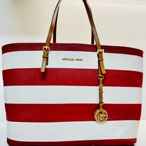 Michael Kors NWOT red/white striped XL tote beach bag with matching wristlet.